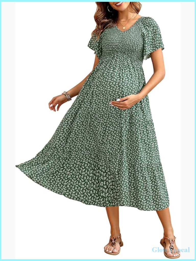 Maternity Midi Dress Smocked Top Flutter Sleeve V-Neck A-Line Summer Casual